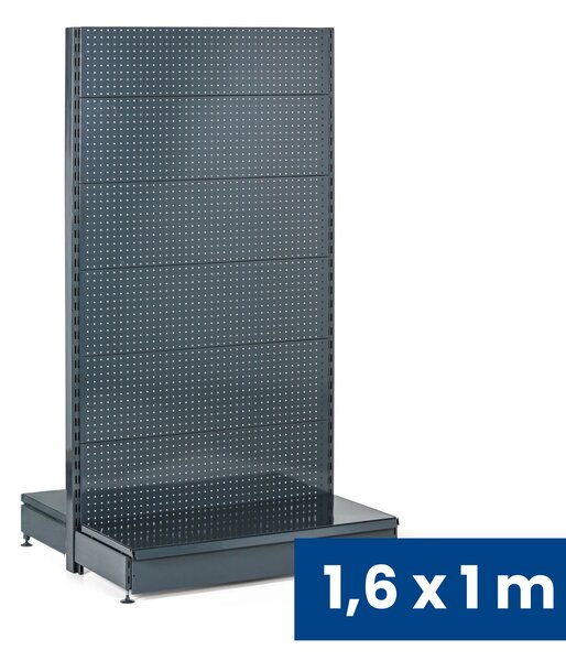 Predajný regál obojstranný, perfo steny, 1600 x 1000 x 900 mm, základný, antracit