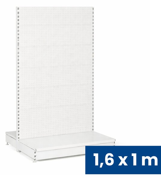 Predajný regál obojstranný, perfo steny, 1600 x 1000 x 900 mm, základná, biela