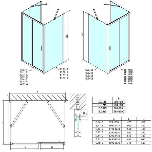 Polysan EASY, 3-stenový sprchový kút 1000x700mm, L/P varianta, číre sklo, EL1015EL3115EL3115