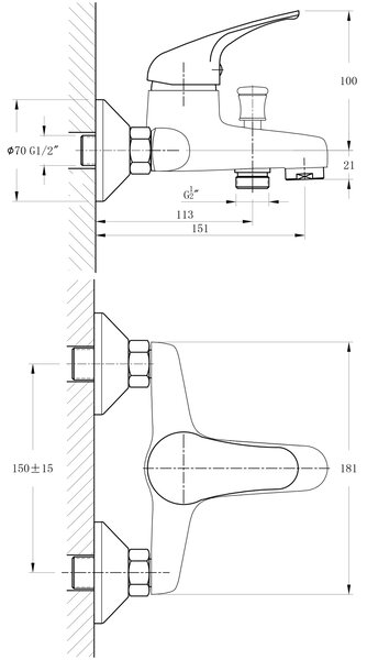 Bruckner Bruckner, HOFFER nástenná vaňová batéria, rozteč 150mm, chrómová, 424.010.1
