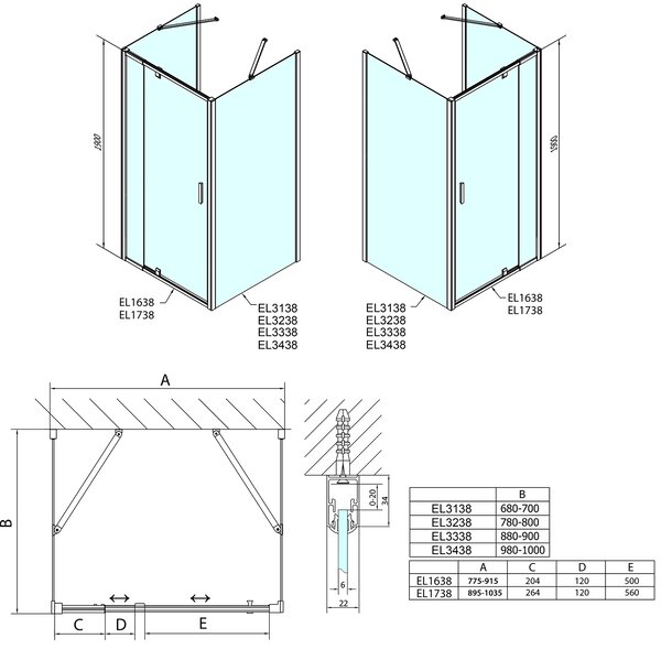Polysan EASY, 3-stenový sprchový kút 800-900x700mm, pivot dvere L/P varianta, sklo Brick, EL1638EL3138EL3138