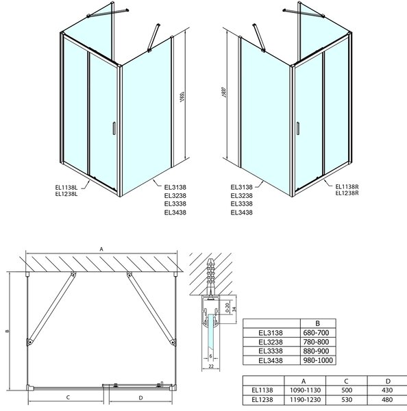Polysan Polysan, EASY sprchový kout tri steny 1100x800mm, L/P varianta, sklo Brick, EL1138EL3238EL3238