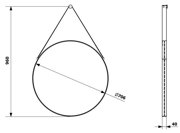 Sapho Sapho, ORBITER zrkadlo guľaté s koženým popruhom, ø 70cm, čierna matná, ORT070