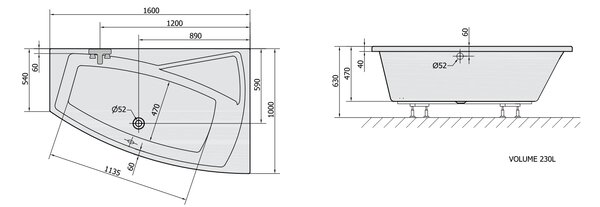 Polysan Polysan, EVIA R asymetrická vaňa 160x100x47cm, pravá, biela, 12611