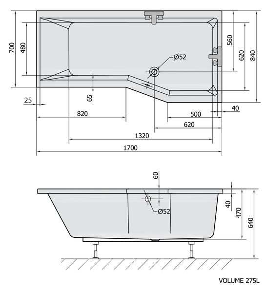 Polysan Polysan, VERSYS R asymetrická vaňa 170x84x70x47cm, biela, 70611