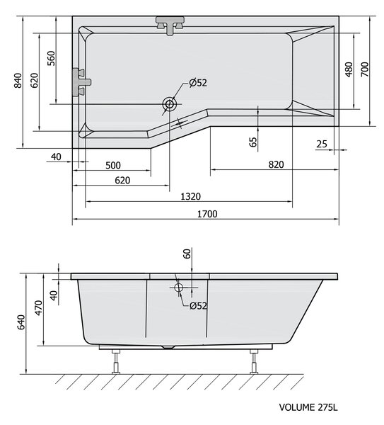 Polysan Polysan, VERSYS L asymetrická vaňa 170x84x70x47cm, biela, 70111