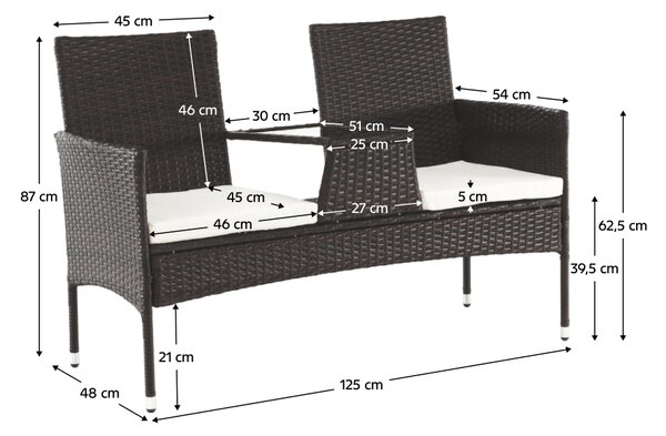 KONDELA Záhradná lavica so stolíkom a poduškami, hnedá/krémová, LALIT