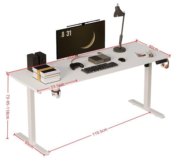 Písací stôl s elektrickým nastavením výšky 160 × 80 cm, biely počítačový stôl 72–118 cm