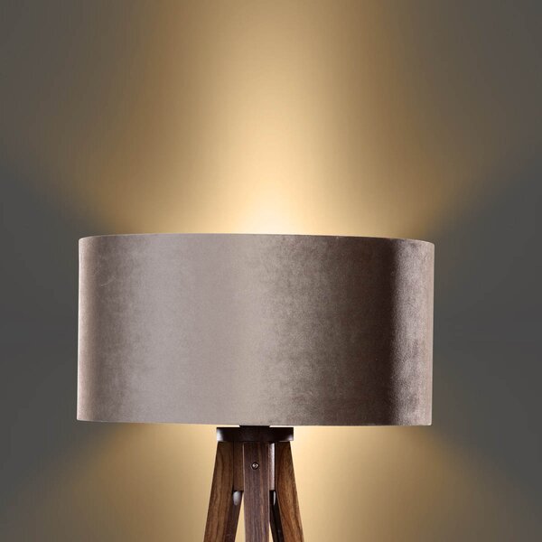 Stojacia lampa na troch nohách z orechového dreva s tienidlom z taupe zamatu 50 cm - Tripod Classic