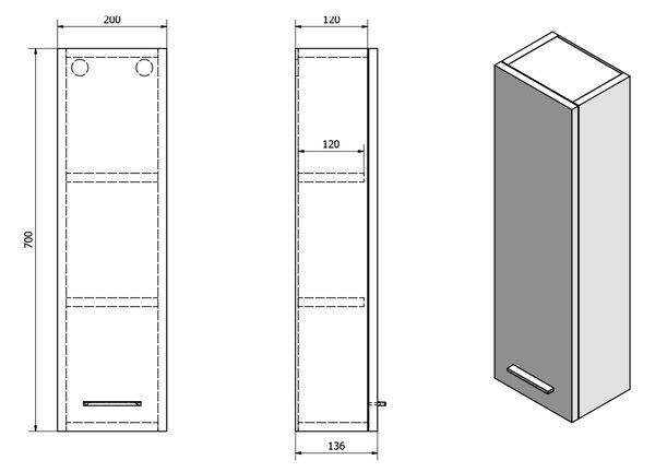 Aqualine Aqualine, ZOJA horná skrinka k zrkadlu, 20x70x14cm, biela, 45462
