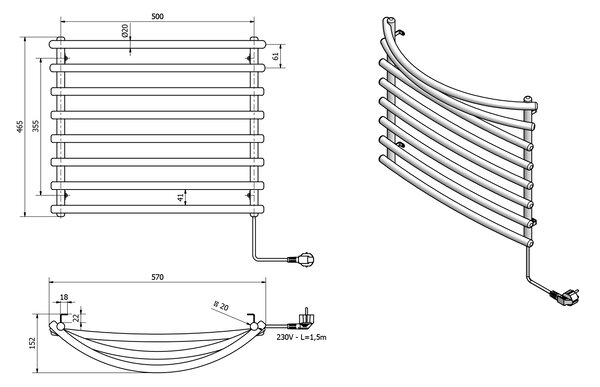 Aqualine Aqualine, Elektrický sušiak uterákov, 570x465 mm, 72 W, bielý, SU110A