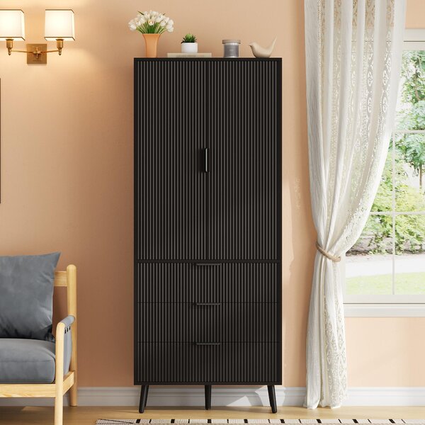 Kúpeľňová skrinka 75x35x180 cm, 2 dvierka, 3 zásuvky, vysoká skrinka z čierneho MDF s poličkami za dvierkami, vhodná do kuchyne a jedálne