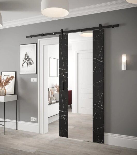 Posuvné dvere s kovaním a zrkadlom LEONTINA 2 - 90 cm, čierny mramor