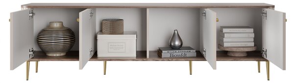 TV stolík Vespera 4D 187 cm - kašmírová / orech / zlaté nožičky