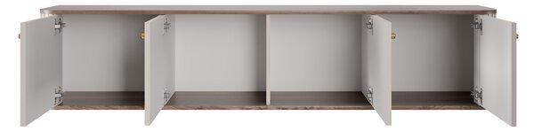 Závesný TV stolík Vespera 4D 187 cm - kašmírová / orech / zlatá