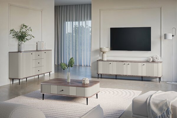 TV skrinka Vesper 4D 187 cm - kašmír / orech / čierne nohy
