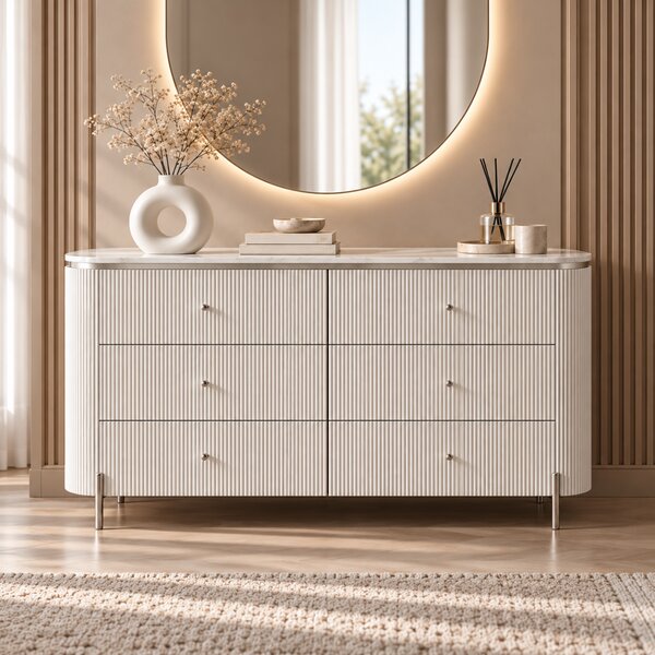 KOMODA GASTON II 6S STRIEBORNÉ NOHY + BIELA + MRAMOR 150 cm