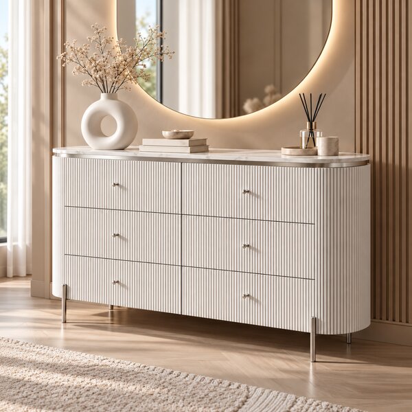 KOMODA GASTON II 6S STRIEBORNÉ NOHY + BIELA + MRAMOR 150 cm