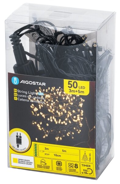 Aigostar - LED vonkajší vianočný reťazec 50xLED/8 funkcií 8m IP44 teplá biela
