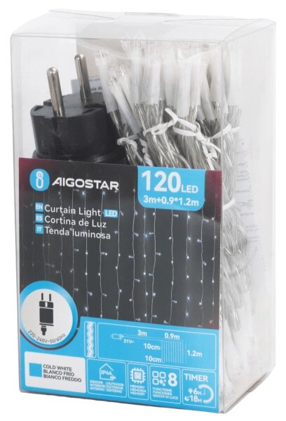Aigostar-LED Vonkajší vianočný svetelný reťazec 120xLED/8 funkcií 3,9x1,2m IP44 studené biele svetlo