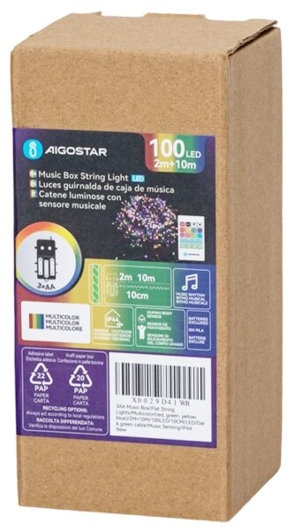 Aigostar - LED stmievateľný vonkajší reťazec so snímačom 100xLED/3xAA 12m viacfarebný + DO