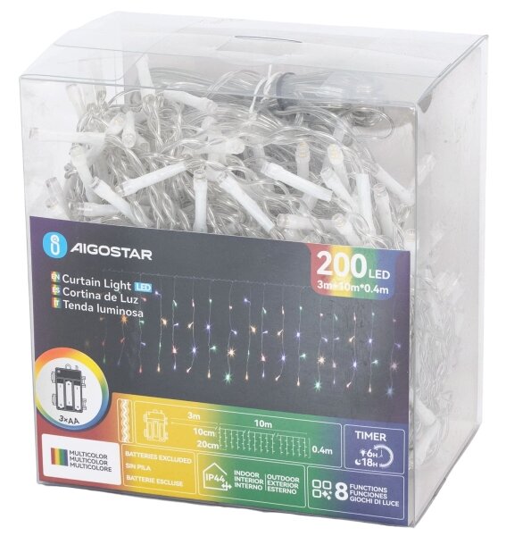 Aigostar - LED vonkajšia vianočná reťaz 200xLED/8 funkcií 3xAA 13x0,4m IP44 viacfarebná