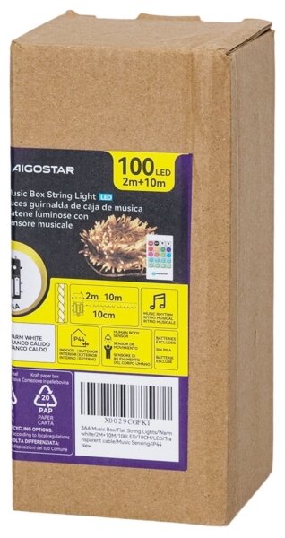 Aigostar - LED stmievateľná vonkajšia vianočná svetelná reťaz so senzorom 100xLED/3xAA 12m teplá biela + diaľkové ovládanie