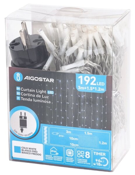 Aigostar-LED Vonkajšia vianočná svetelná reťaz 192xLED/8 funkcií 4,5x1,2m IP44 studená biela