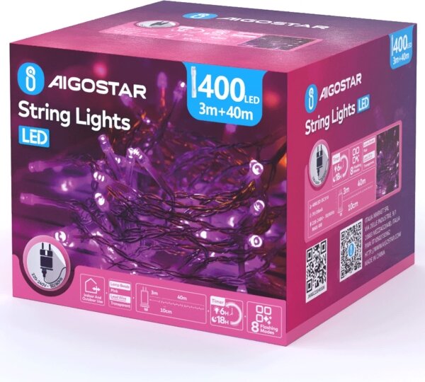 Aigostar - LED vonkajšia vianočná reťaz 400xLED/8 funkcií 43m IP44 ružová