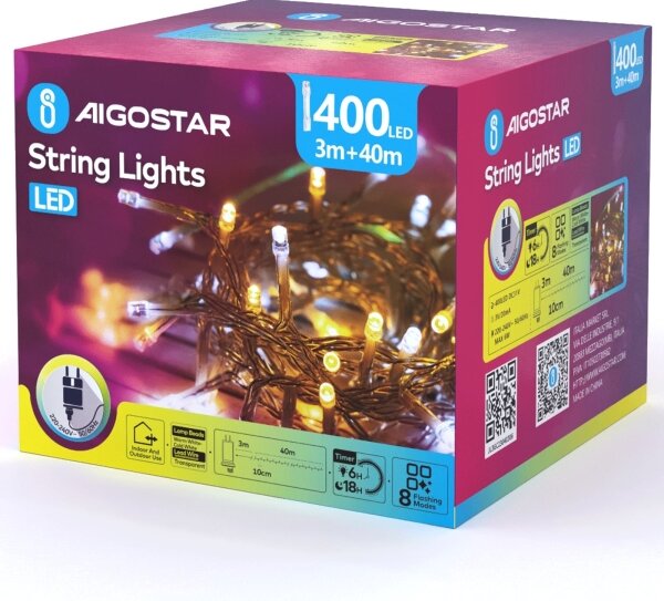 Aigostar - LED vonkajšia vianočná reťaz 400xLED/8 funkcií 43m IP44 teplá/studená biela
