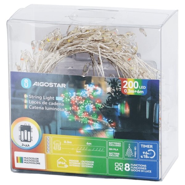 Aigostar - vonkajšia vianočná LED reťaz 200xLED/8 funkcií 3xAA 6,3m IP44 viacfarebná