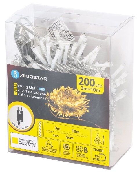Aigostar - LED Vonkajší vianočný reťaz 200xLED/8 funkcií 13m IP44 teplá biela
