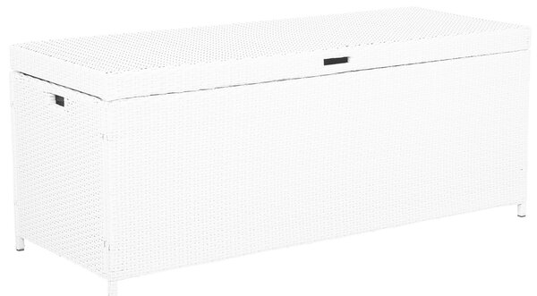 Vonkajší úložný box biely umelý ratan 158 x 63 cm záhradný box na vankúše moderný štýl terasa záhrada