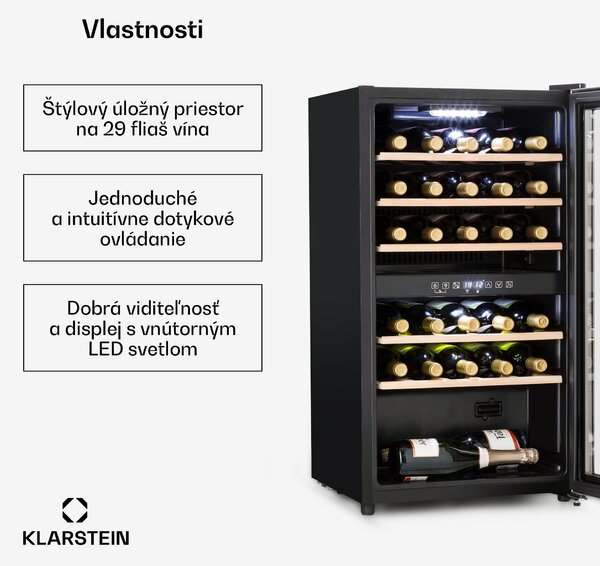 Klarstein Vinamour 29D, vinotéka, 2 zóny, 80 l, 29 fliaš, 5-22°C, dotykové ovládanie