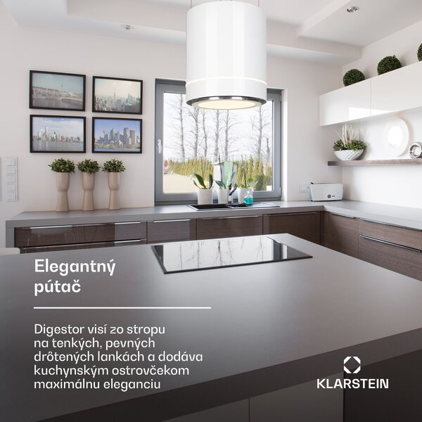 Klarstein Tron Ambience, digestor, 38 cm, ostrovčekový, 521 m³/h, LED, biely