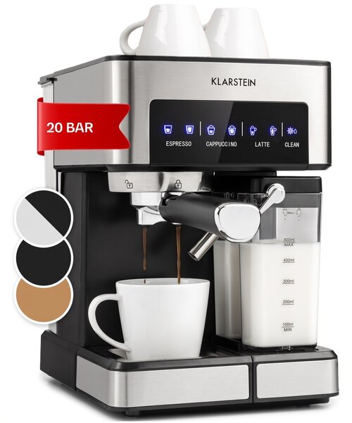 Klarstein Arabica Comfort kávovar s portafiltrom, 1350 W, 20 bar, 1,8 l, dotykový ovládací panel