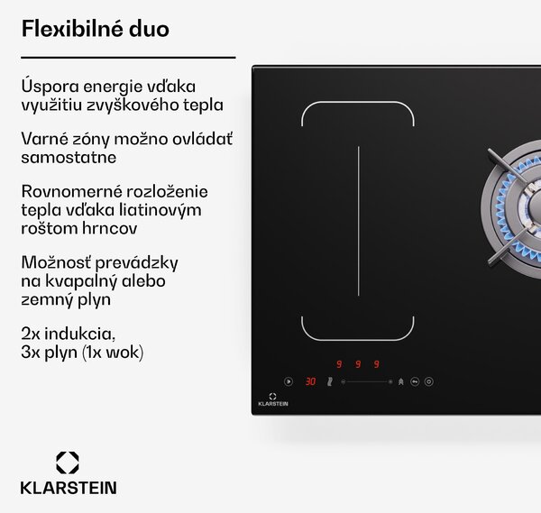 Klarstein MultiChef 5 Wok, indukčná a plynová varná doska, 5 varných zón, 3 plynové horáky, 2 indukčné varné dosky, FlexZone