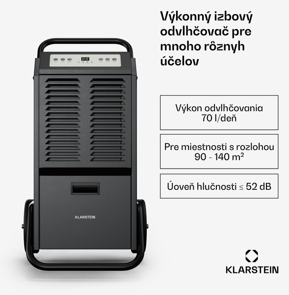 Klarstein DuraDry 70L odvlhčovač vzduchu, 70 l/deň, 90-140 m², nehrdzavejúca oceľ, mobilný, 450 m³/h