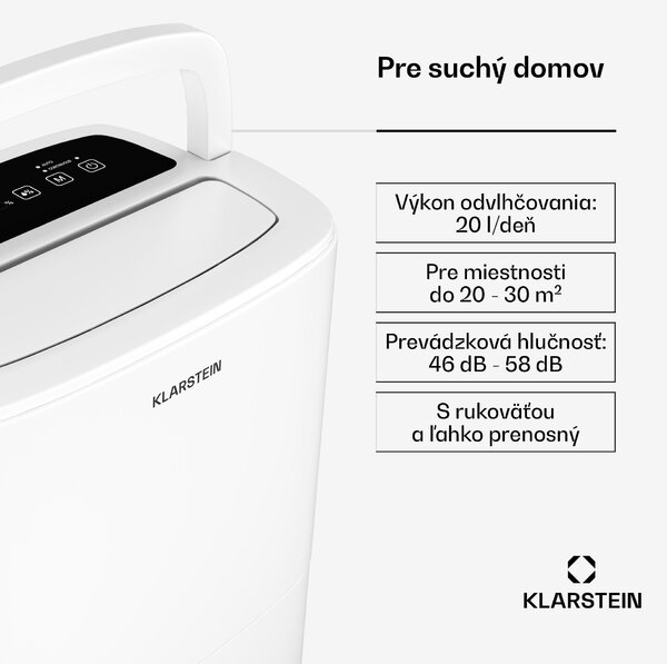 Klarstein DryFy 20L odvlhčovač, 20 l/deň, 50m², 230 m³/h, časovač, nádrž na vodu, mobilný