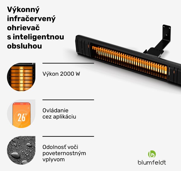 Blumfeldt Gold Bar Slim 2000 W sálavý ohrievač, 9 úrovní, funkcia WiFi, dotykové ovládanie, diaľkový ovládač, IP 65