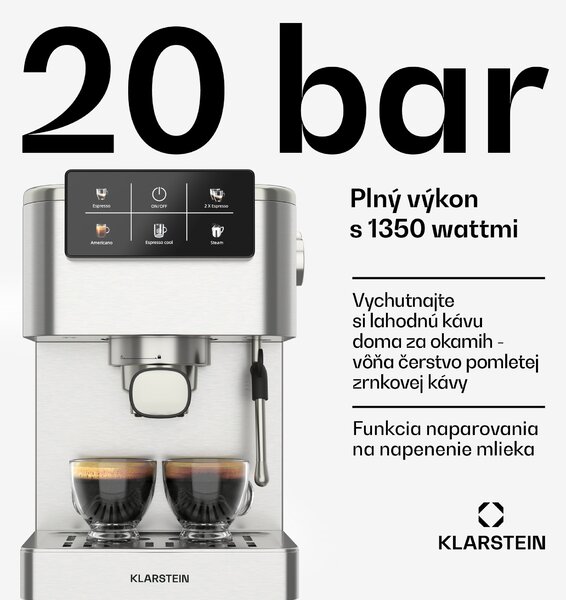 Klarstein SteelPresso Touch kávovar s portafiltrom, Dotykový displej, 20 bar, Nehrdzavejúca oceľ