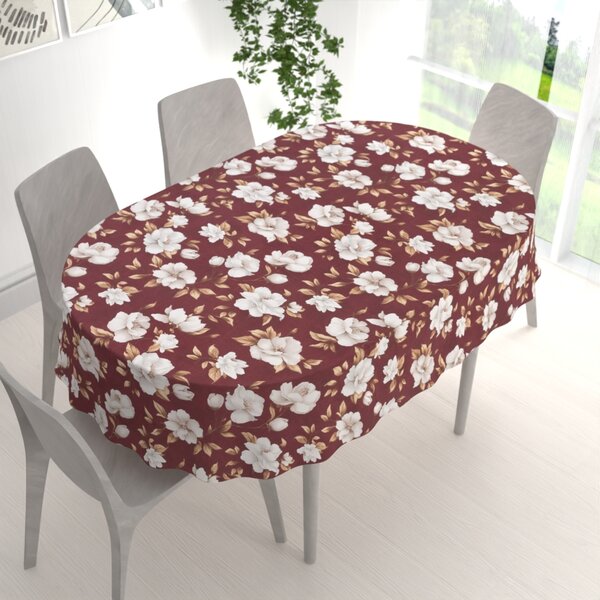 Biante Bavlnený oválny obrus Sandra SA-773 Biele kvety na vínovom 50x100 cm