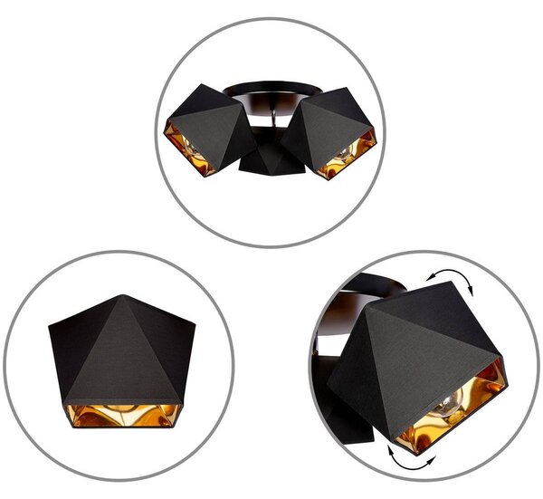 Stropné svietidlo Diamond Gold, 3x čierne/zlaté textilné tienidlo, (možnosť polohovania), o