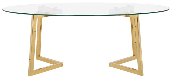 Konferenčný stolík zlatý oválna sklenená doska 120 x 60 cm kovové nohy moderný