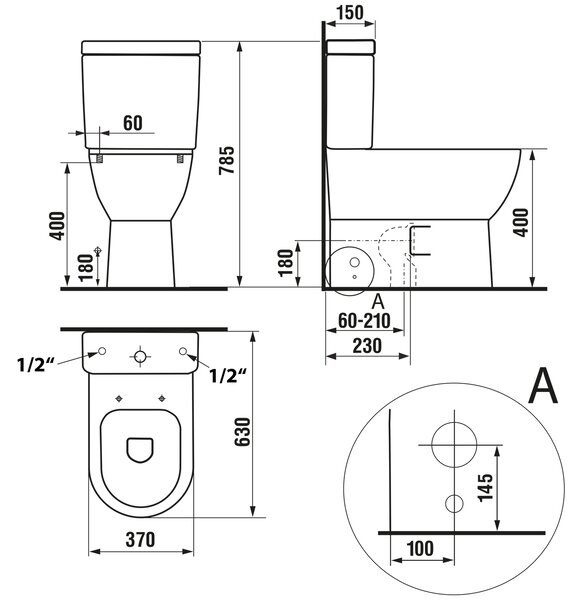 Aqualine Sapho, JALTA RIMLESS WC kombi misa s nádržkou vrátane splachovacej súpravy, spodný/zadný, PB103RW