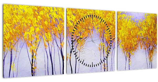 Obraz žltých stromov (s hodinami) (90x30 cm)