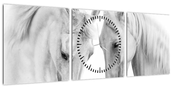 Obraz bielych koní (s hodinami) (90x30 cm)