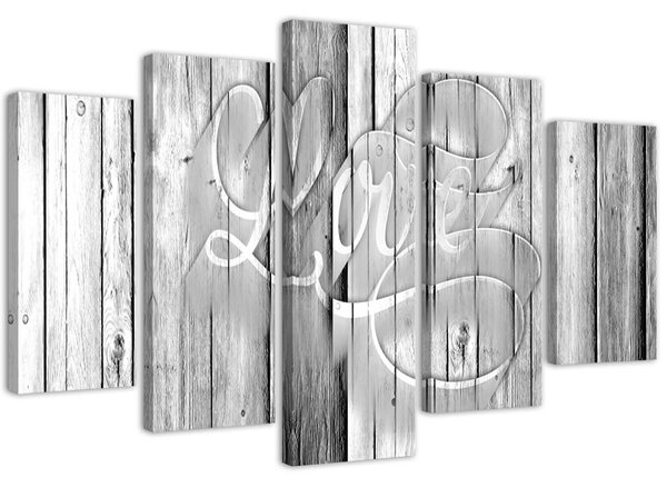 Obraz Nápis Love na sivých vodorovných doskách - 5 dielny Rozmery: 200 x 100 cm, Prevedenie: Obraz na plátne