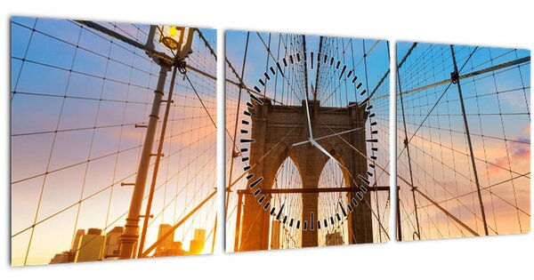Obraz - Brooklynský most, Manhattan, New York (s hodinami) (90x30 cm)