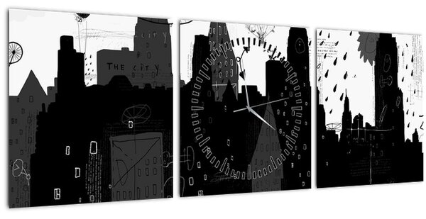 Obraz - Mesto s nápismi a vzormi (s hodinami) (90x30 cm)